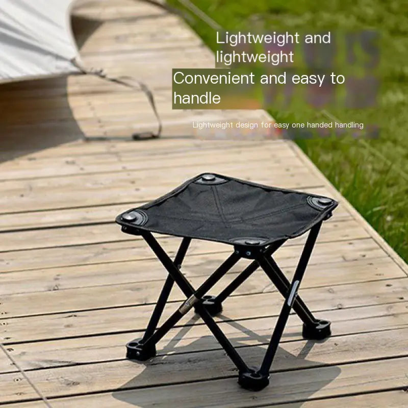 Black folding stool on a wooden deck with text highlighting its lightweight and easy-to-handle features.