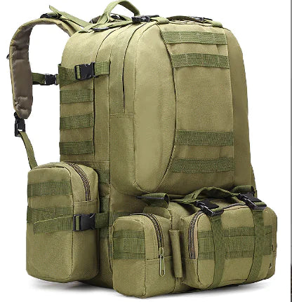 Green tactical backpack with multiple compartments on a white background