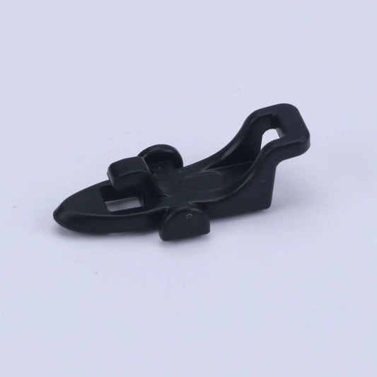 Black plastic bait hanger for fishing pole on a white background