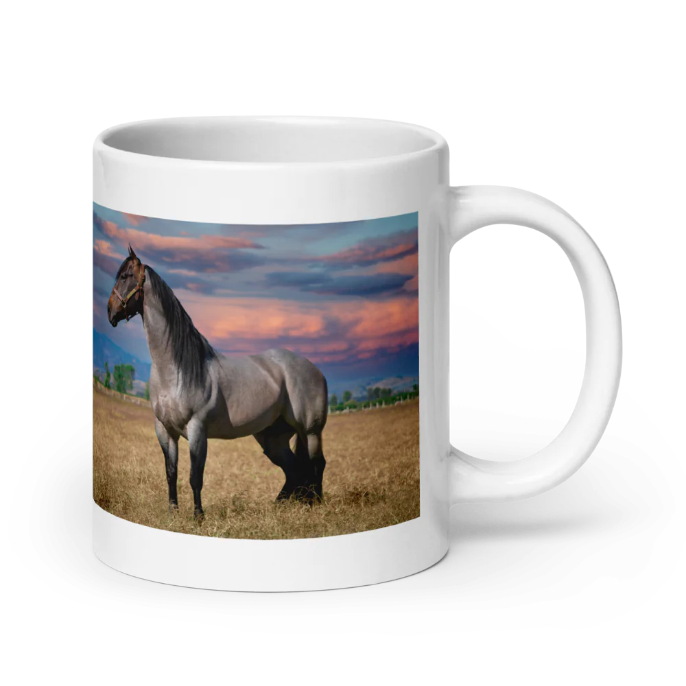 White Ceramic Mug with Horse in Front of Purple Sky Design