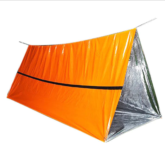 Orange and silver reflective tent on a white background