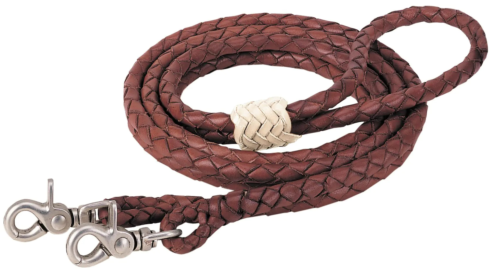 Brown braided leather roper style rein with silver clasp on a white background