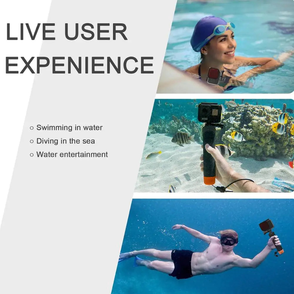 Person swimming, diving, and underwater activities with a camera, labeled 'Live User Experience'.