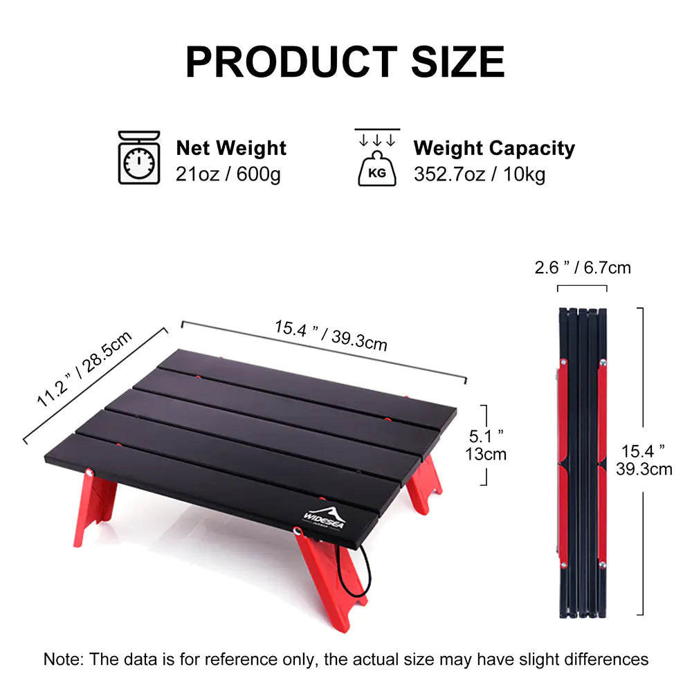 Product size chart with dimensions and weight capacity of a black and red portable table.