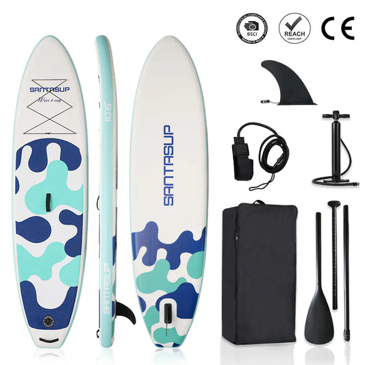 Santasup inflatable paddle board with accessories on a white background