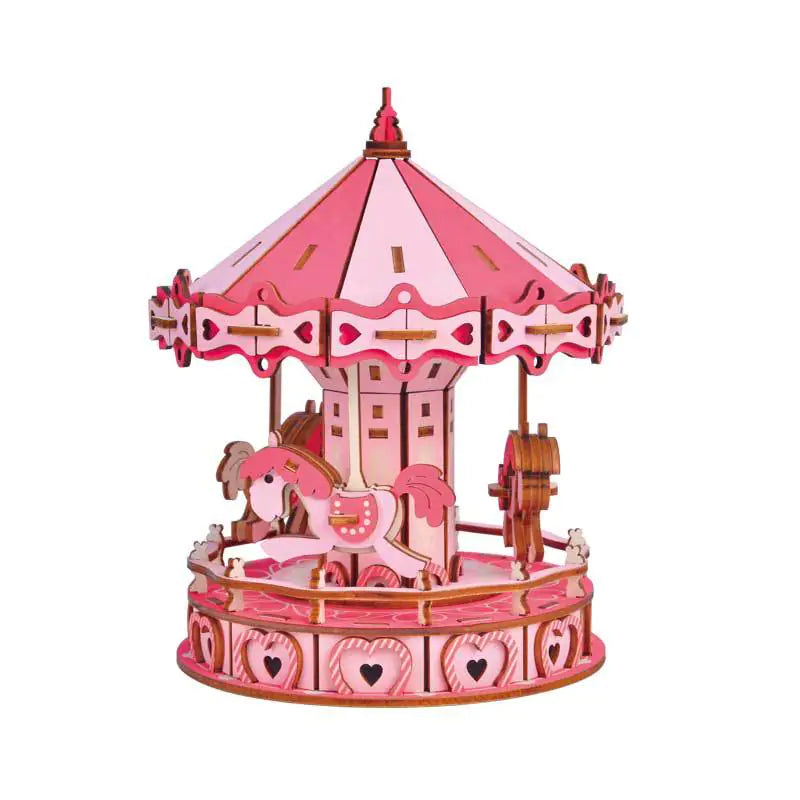Pink carousel 3d puzzle kit with horses that runs on  AAA batteries once constructed