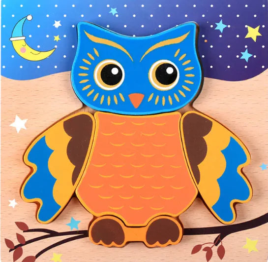 Colorful owl-shaped puzzle on a wooden board with a night sky background