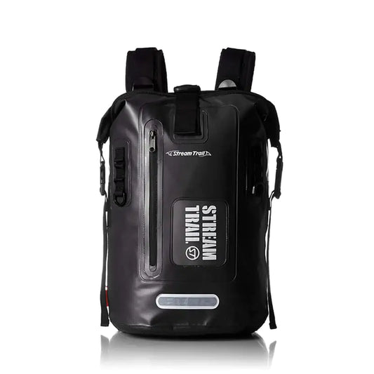 Black waterproof diving backpack with visible branding on a white background