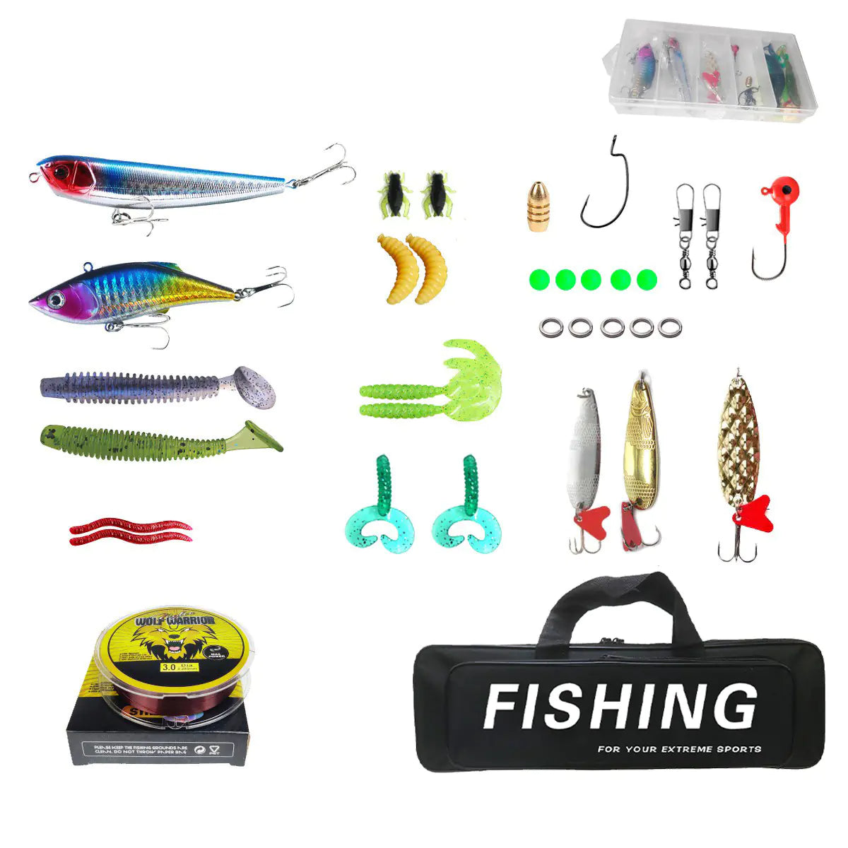 Collection of fishing lures, tackle box, and accessories on a white background