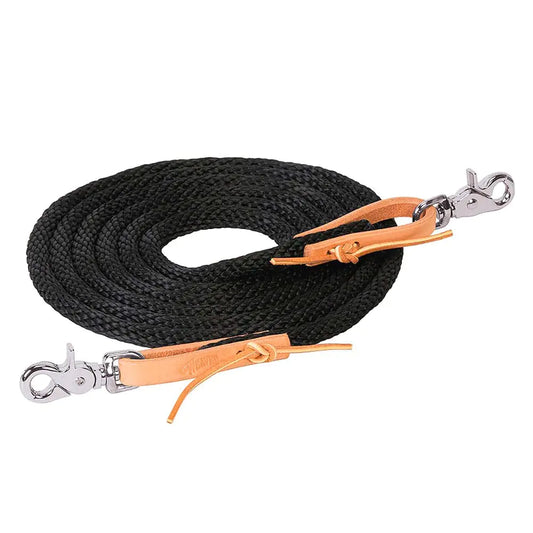 Black horse roper style rein with orange leather and silver clasp at each end for easy attachment