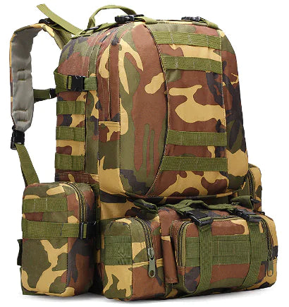 Camouflage backpack with multiple pockets on a white background