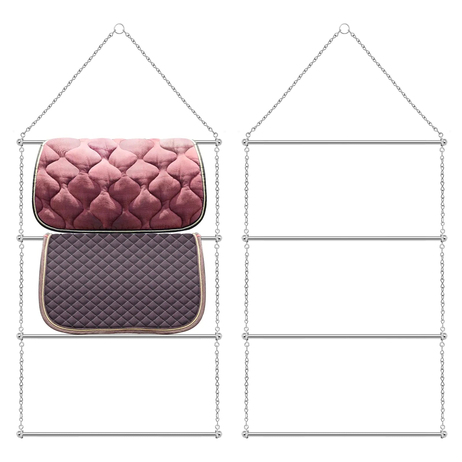 Two quilted saddle pads on a metal hanging rack with a white background