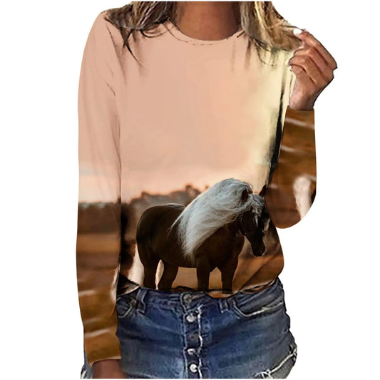 Person wearing a shirt with a horse graphic design on a white background