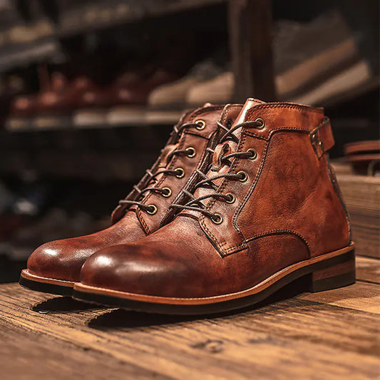 Men's Brown leather laceup ankle boots on a wooden surface with blurred shelves in the background