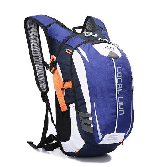 Blue and white backpack with orange accents on a white background