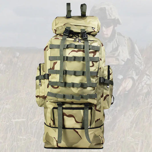 Camouflage backpack with multiple straps on a textured gray background