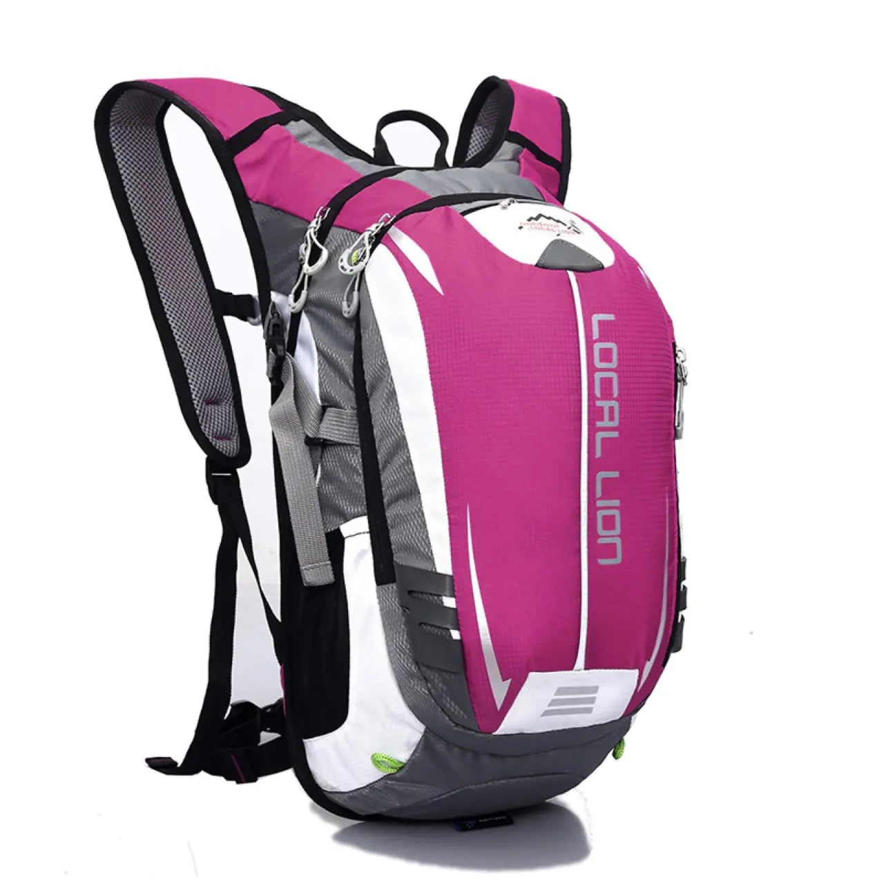 Pink and gray backpack with 'Local Lion' branding on a white background