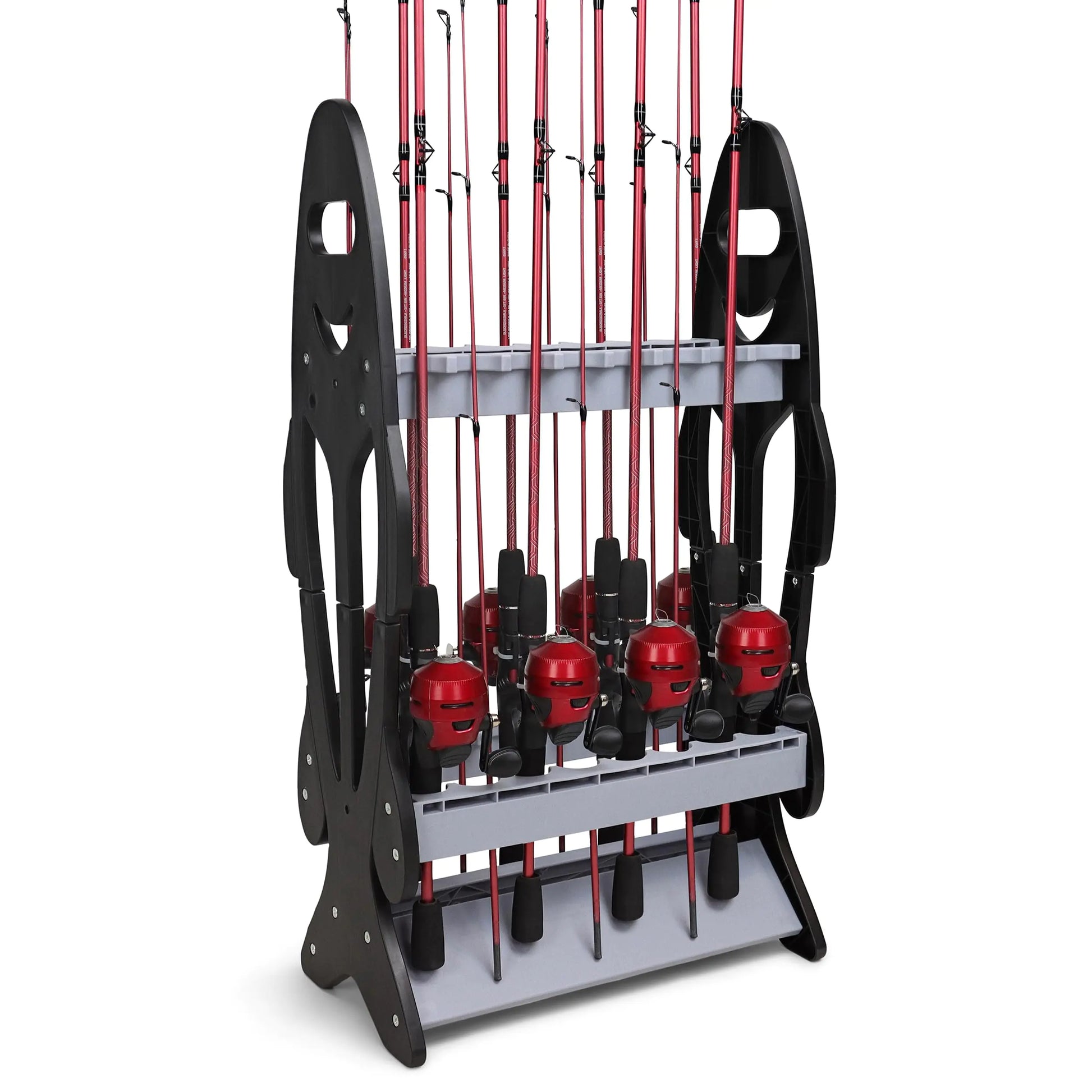 Fishing rod holder with multiple fishing rods and red reel covers on a white background