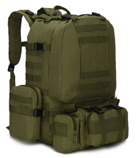 Green tactical backpack with multiple pockets and straps on a white background