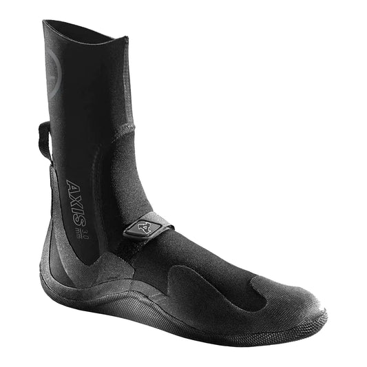 Black wetsuit boot with 'Axis' branding on a white background