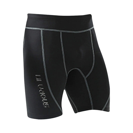 Black compression diving shorts with a brand logo on a white background