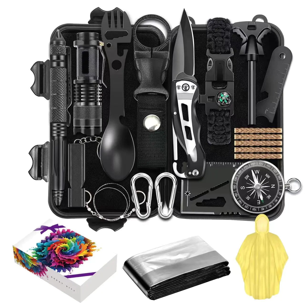 Collection of survival tools including a knife, flashlight, compass and more pictured with an open carrying case.