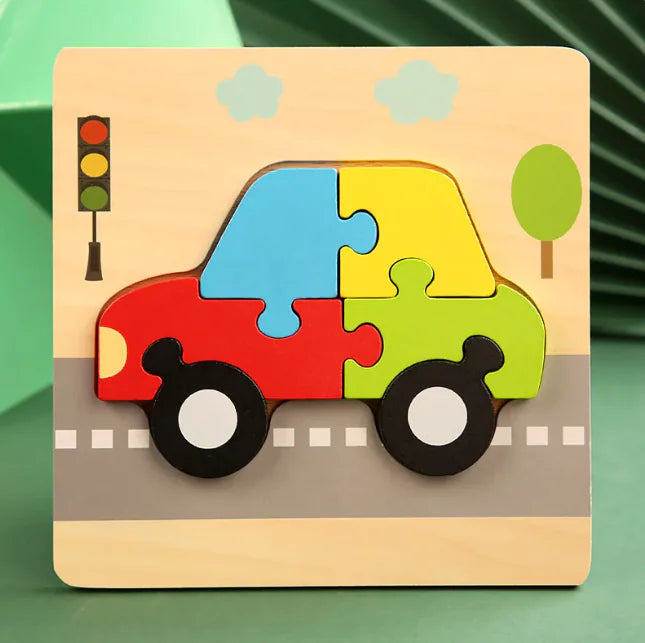Colorful car-shaped puzzle on a wooden base with traffic light and tree illustration.