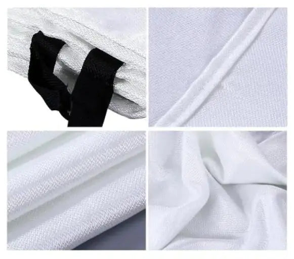 Collage of close ups of fire blanket material. white fabric with black elastic band.