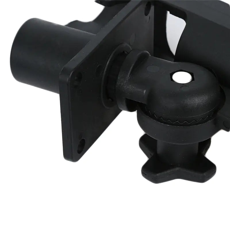 Black metal fishing rod holder with mounting hardware on a white background