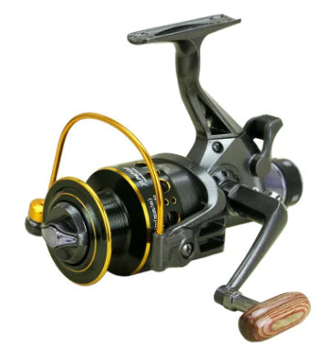 Fishing reel with detailed components on a white background