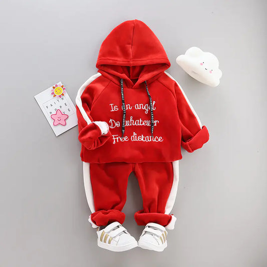 Red children's hoodie and pants set with text on a gray background