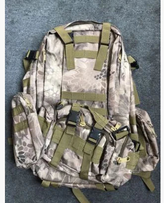 Camouflage backpack with multiple straps on a gray background