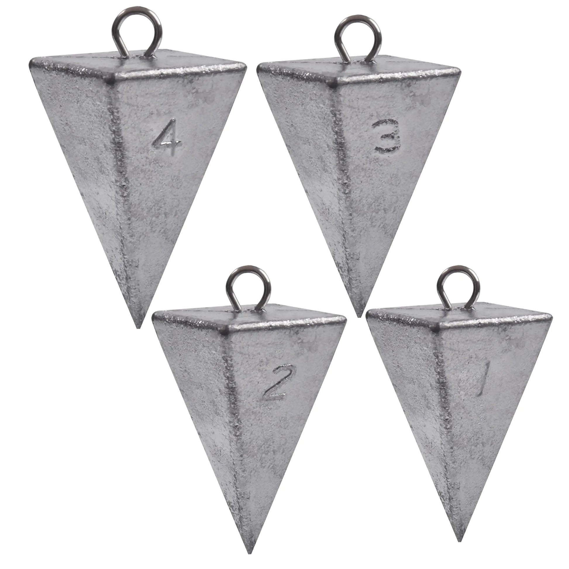 Five triangular metal weights with numbers on a white background