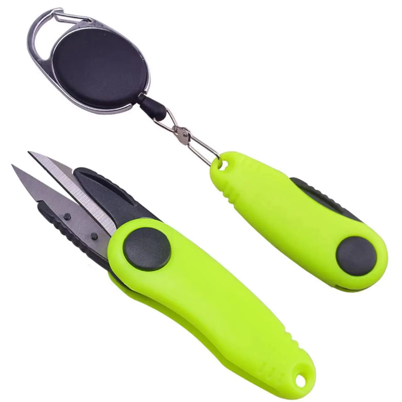 Green fishing pliers with a retractable keychain