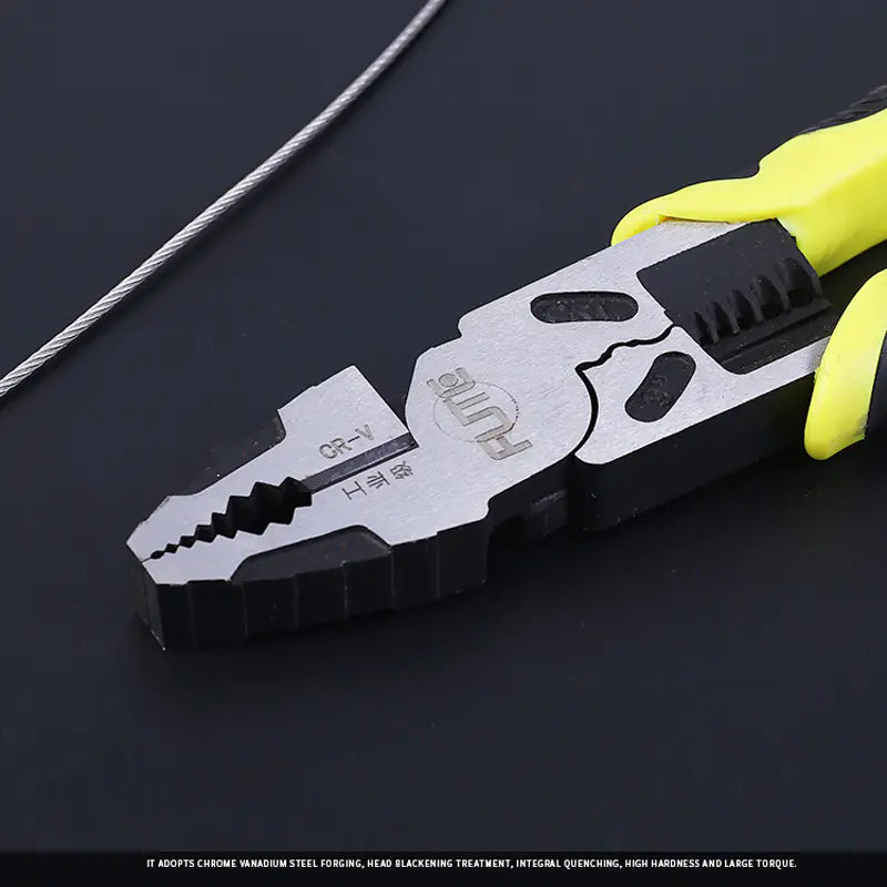 Multitool plier with  branding and yellow and black grip handles