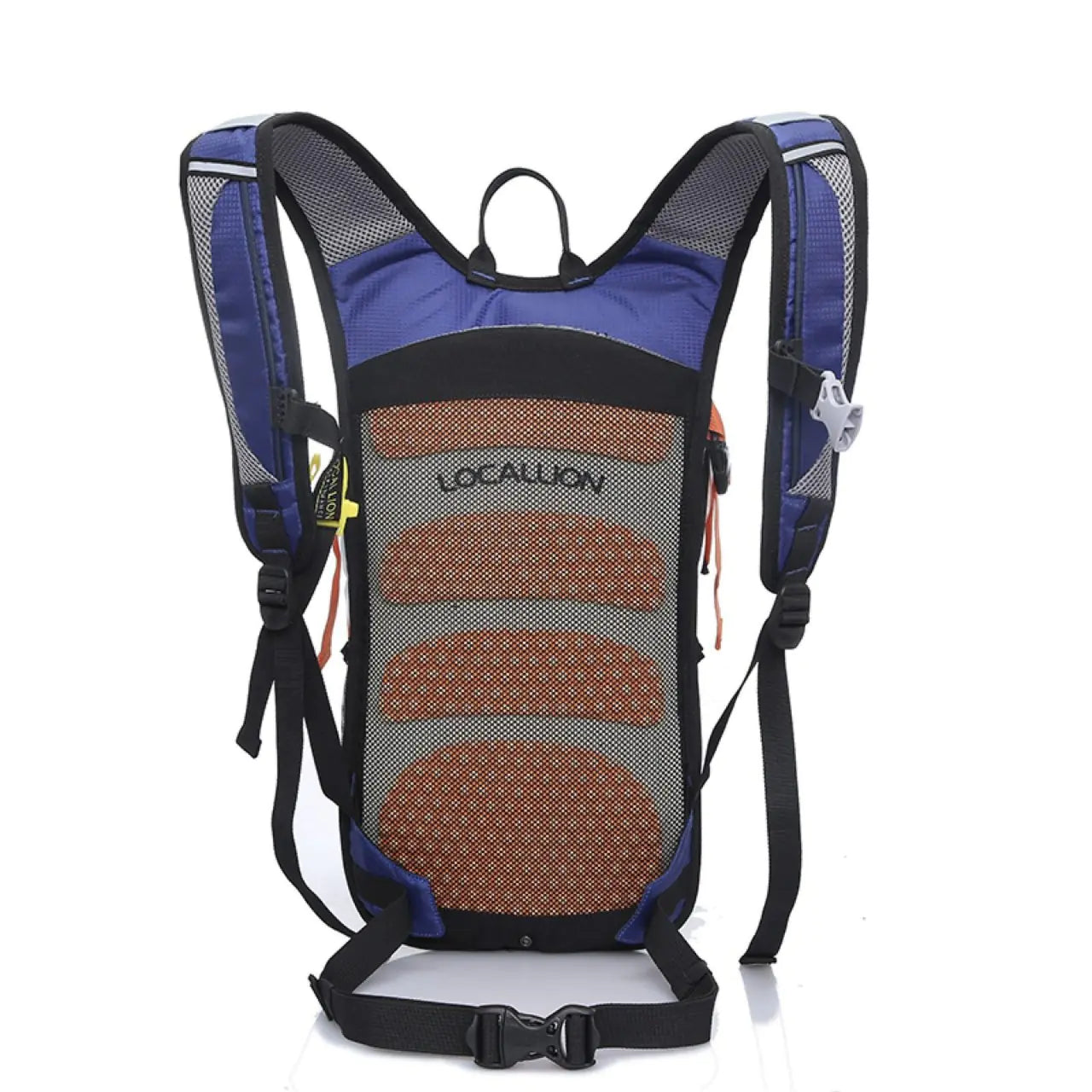 Blue and black hydration backpack with visible brand name on a white background