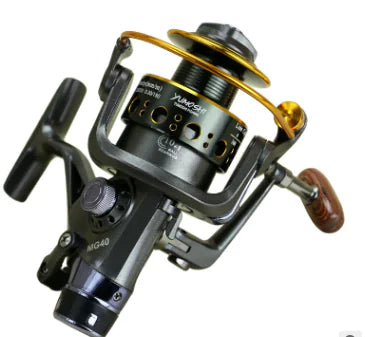 Fishing reel with detailed components on a white background