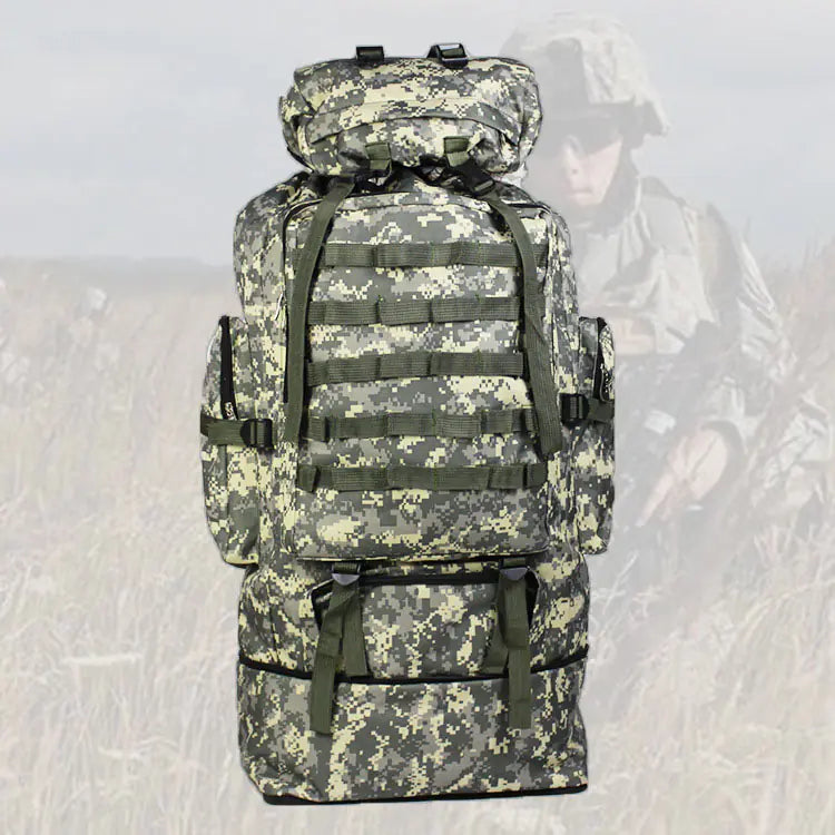 Camouflage backpack with tactical design on a white background