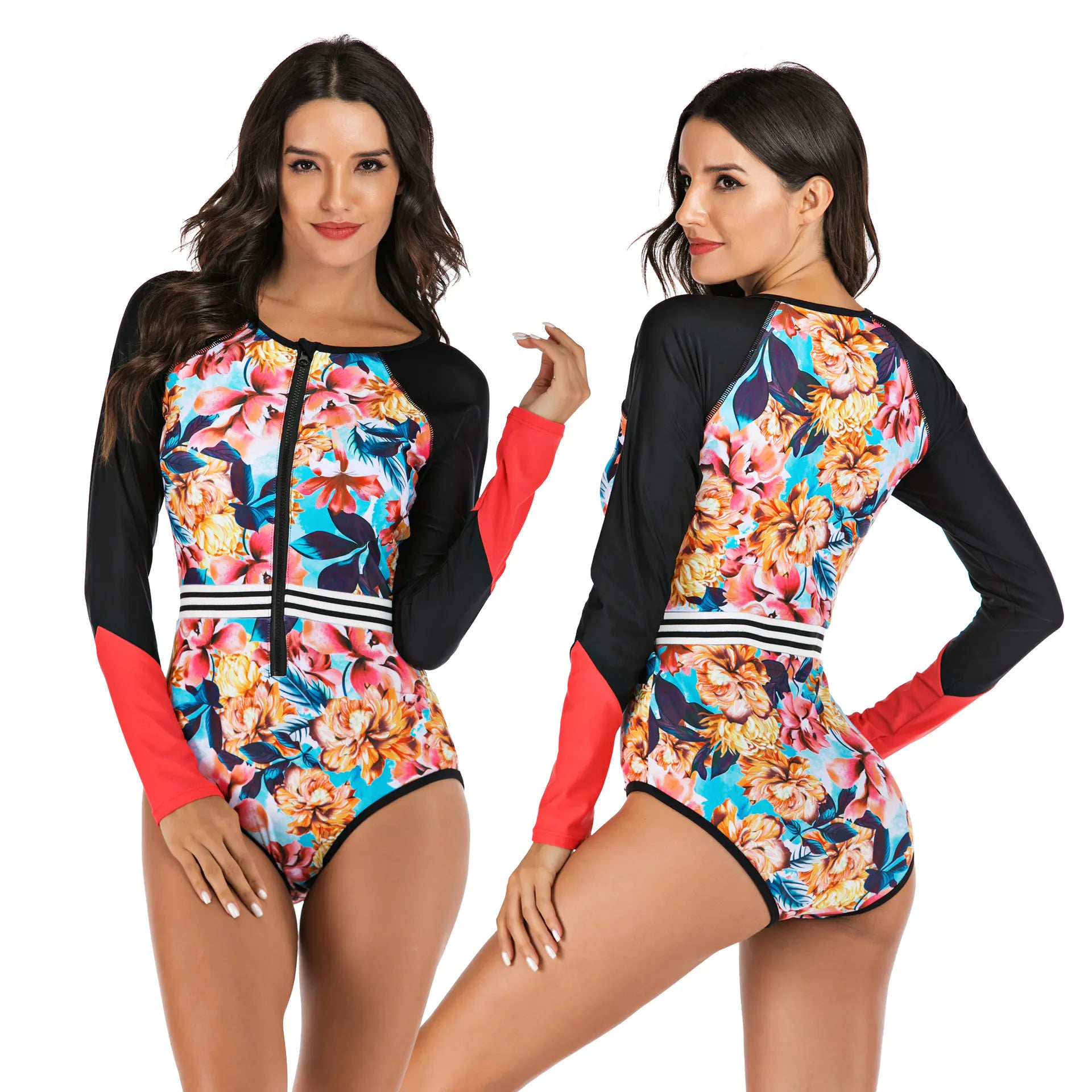 Woman wearing a colorful floral  surfing swimsuit with black and red sleeves on a white background