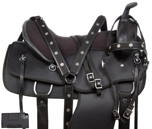 Black synthetic horse saddle with matching headstall and breast collar