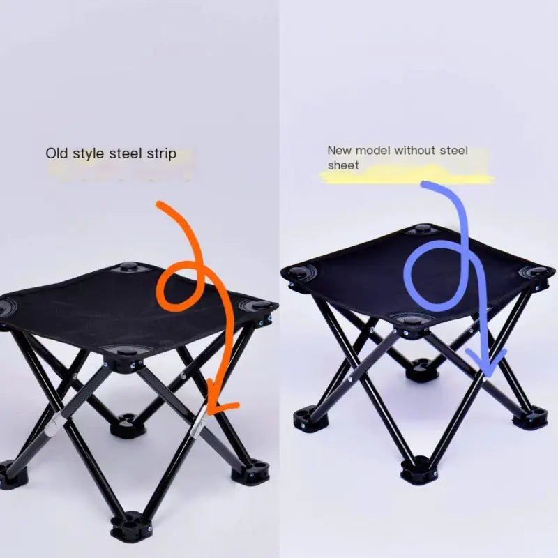 Comparison of a folding stool with old-style steel strip and new model without steel sheet on a white background.
