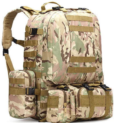 Camouflage backpack with multiple pockets and straps on a white background