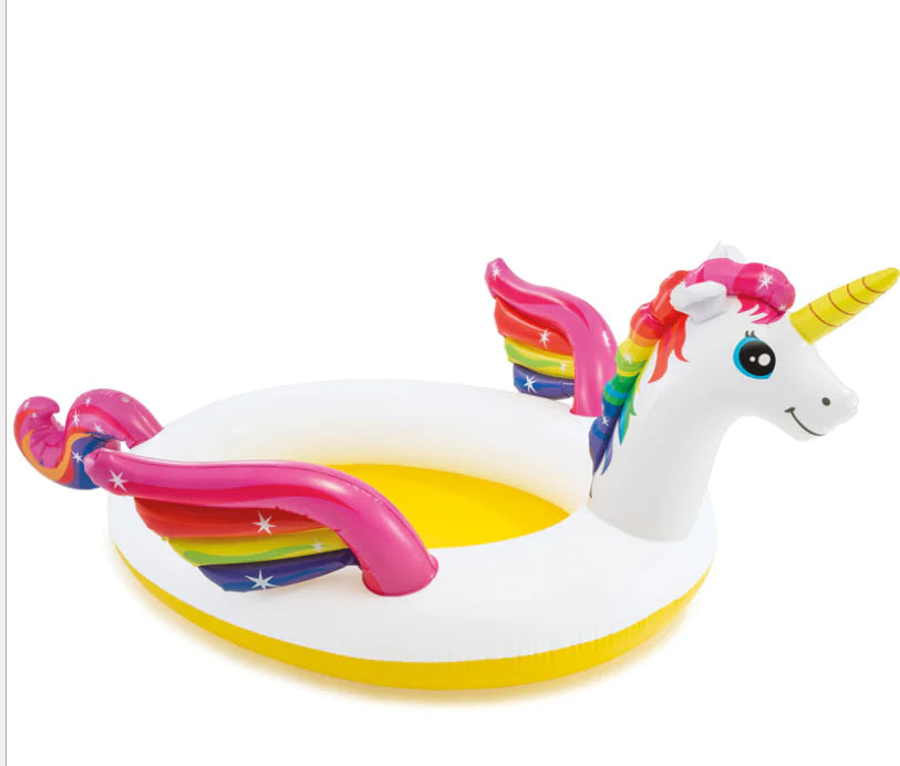 Colorful inflatable unicorn pool float on a white background
