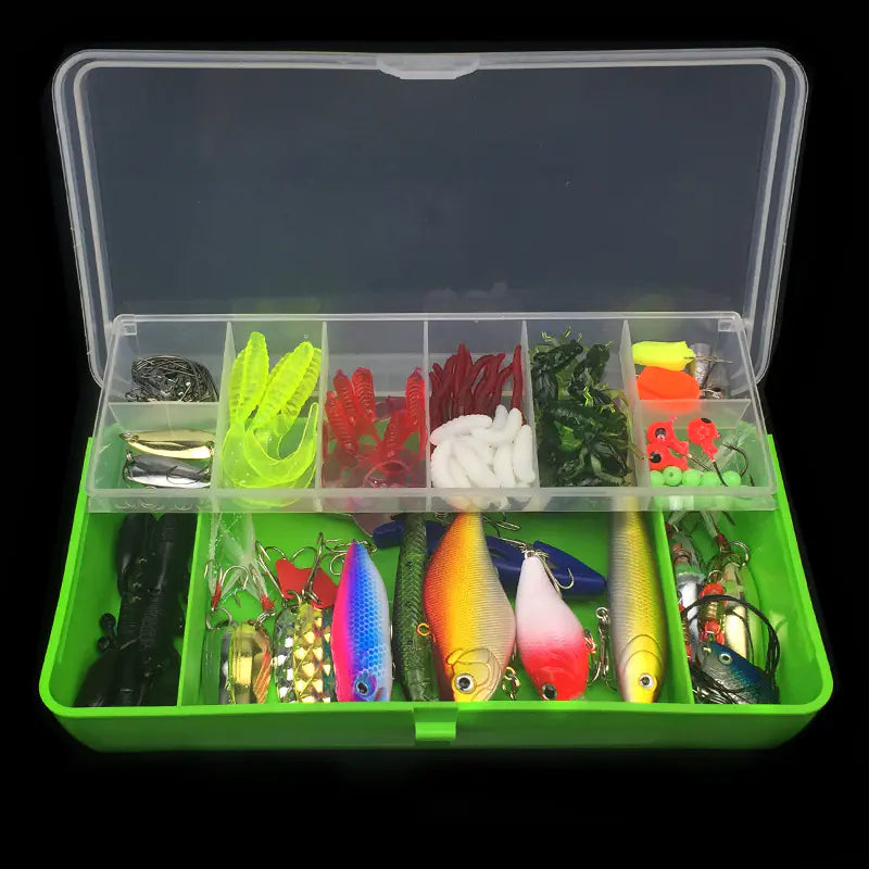 101 piece Fishing lure set in a clear and green box with various types of lures and accessories.