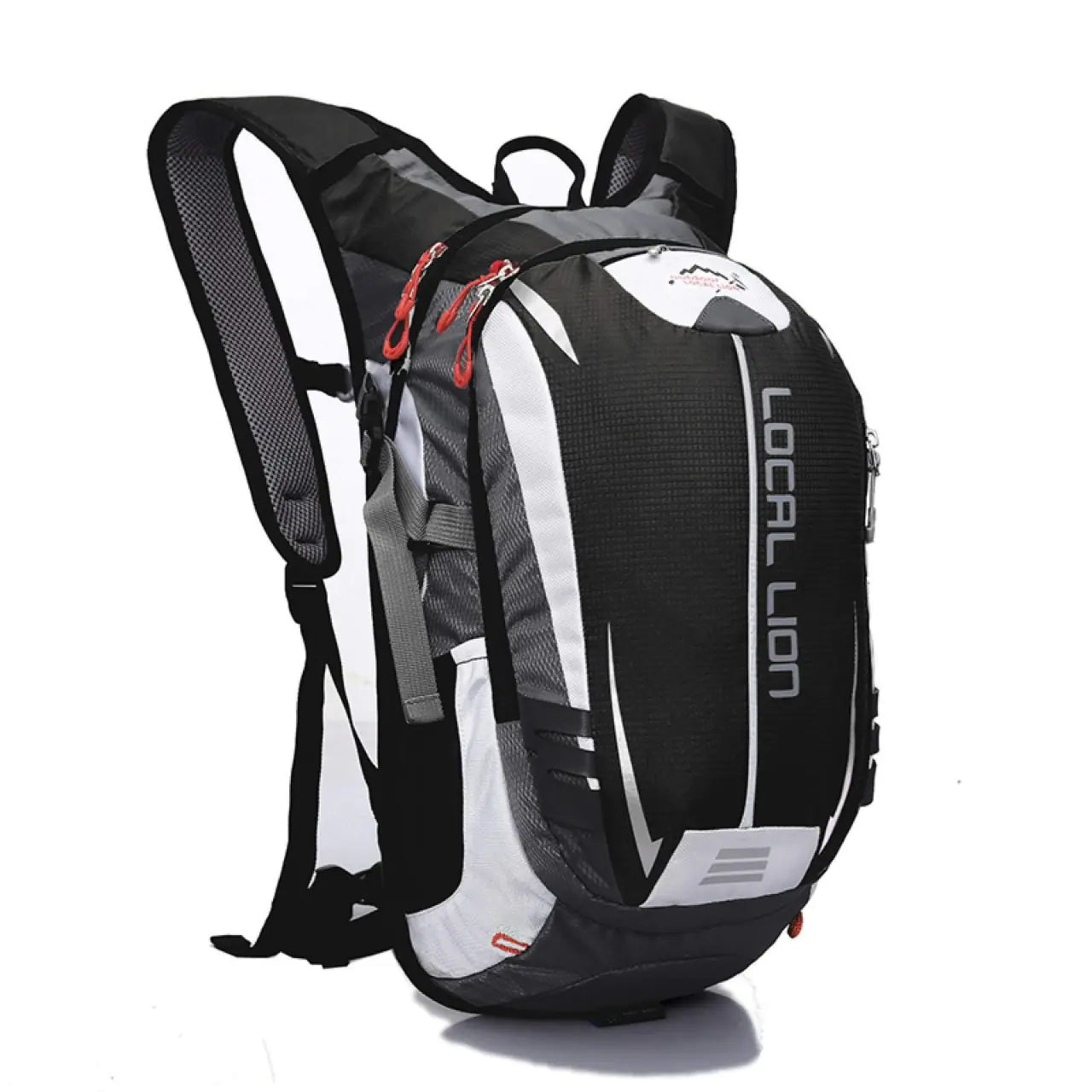 Black and gray backpack with 'LOCAL LION' branding on a white background
