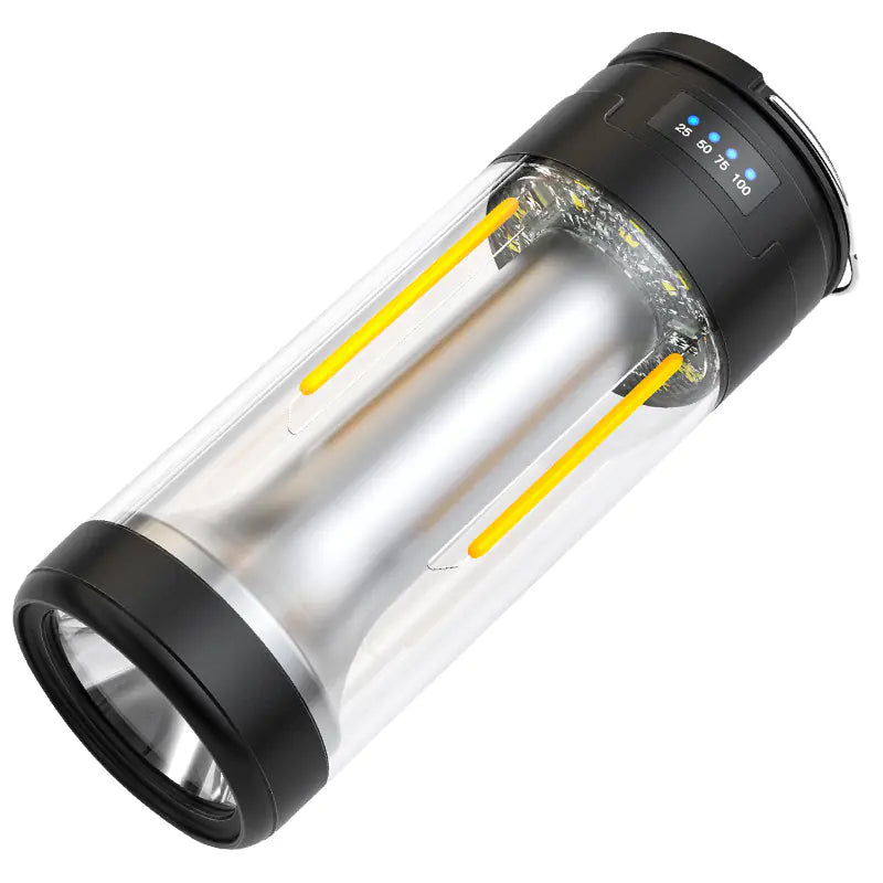 Clear portable mini light with black accents and digital display on a white background