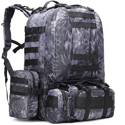 Tactical backpack with multiple pouches and straps on a white background
