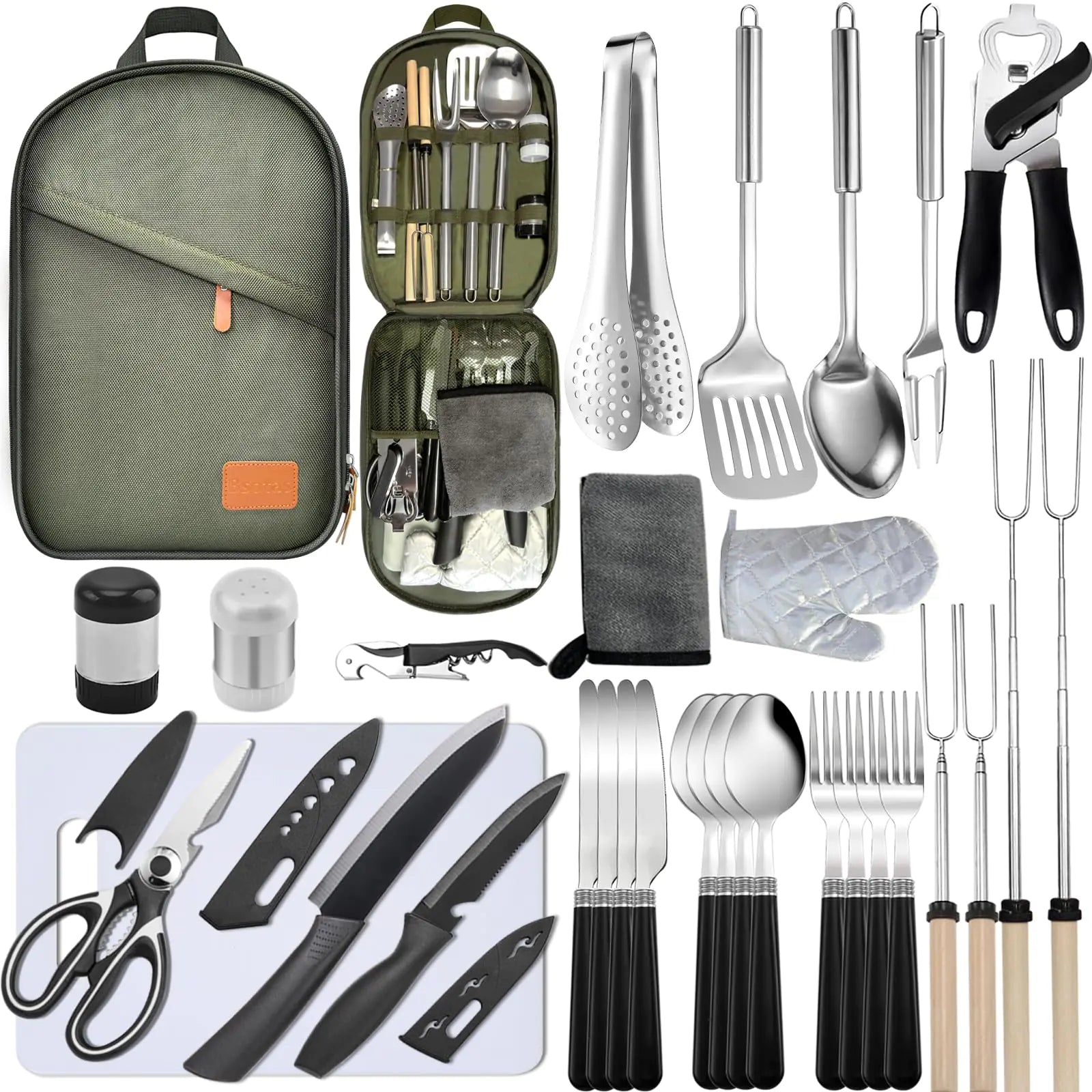 Collection of outdoor cooking utensils and tools including a green carrying case.