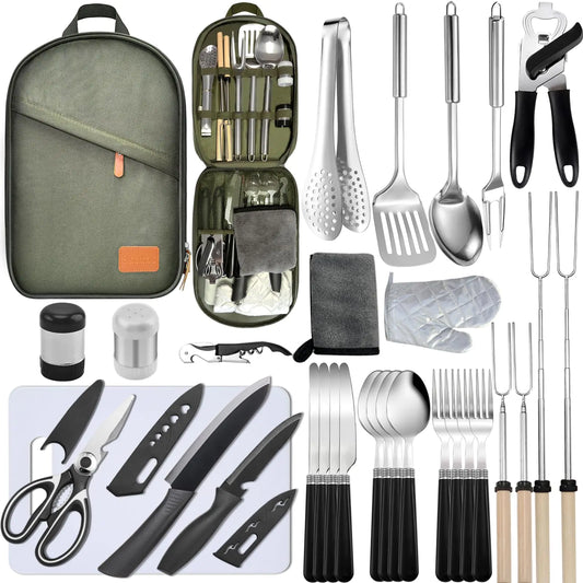 Collection of outdoor cooking utensils and tools including a green carrying case.
