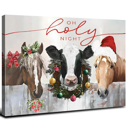 Farmhouse Christmas Wall Art Decor Vintage Cow Horse Pictures for Living Room Farm Animals Painting Canvas Prints Holy Night